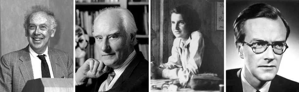 Photos of James Watson, Francis Crick, Rosalind Franklin and Maurice Wilkins.