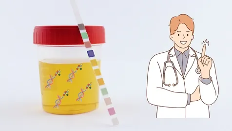 Illustration of DNA barcodes in urine that can be analysed using special paper strips to diagnose for cancer.