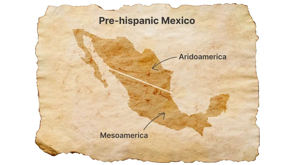 A map of present-day Mexico showing pre-Hispanic cultural areas.